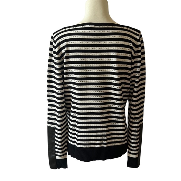 PER SE SWEATER L STRIPED VEGAN LEATHER DETAIL EYELET CASUAL OFFICE PREP - Picture 5 of 13